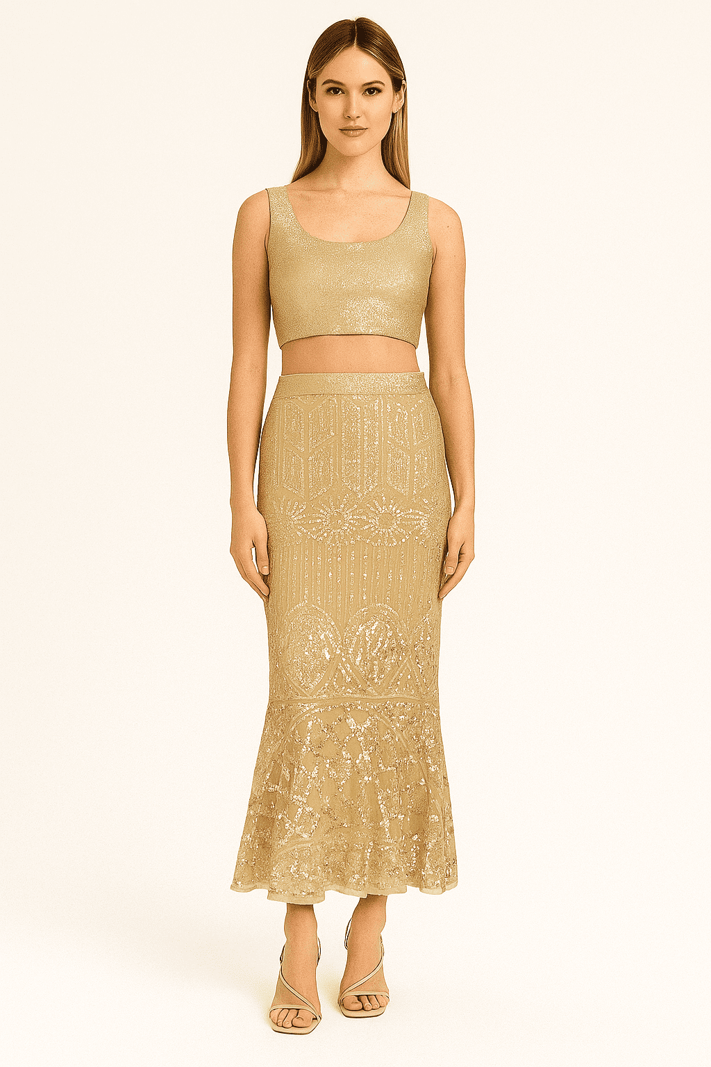 Marciano by GUESS – Złota Spódnica z Cekinami Midi S — wizualizacja AI