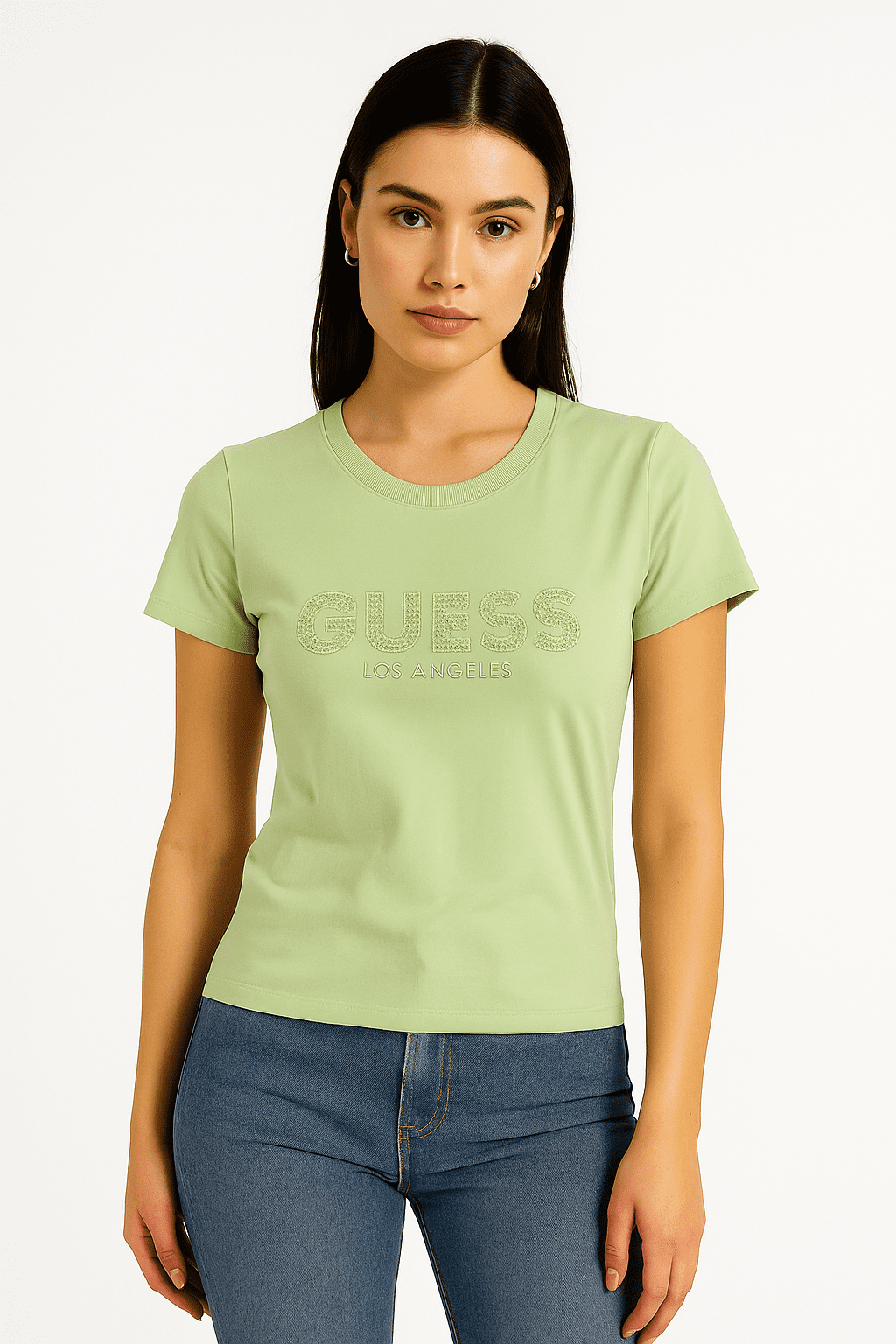 GUESS ECO – Damska T-shirt Pistacjowa z Logo GUESS Los Angeles M — wizualizacja AI