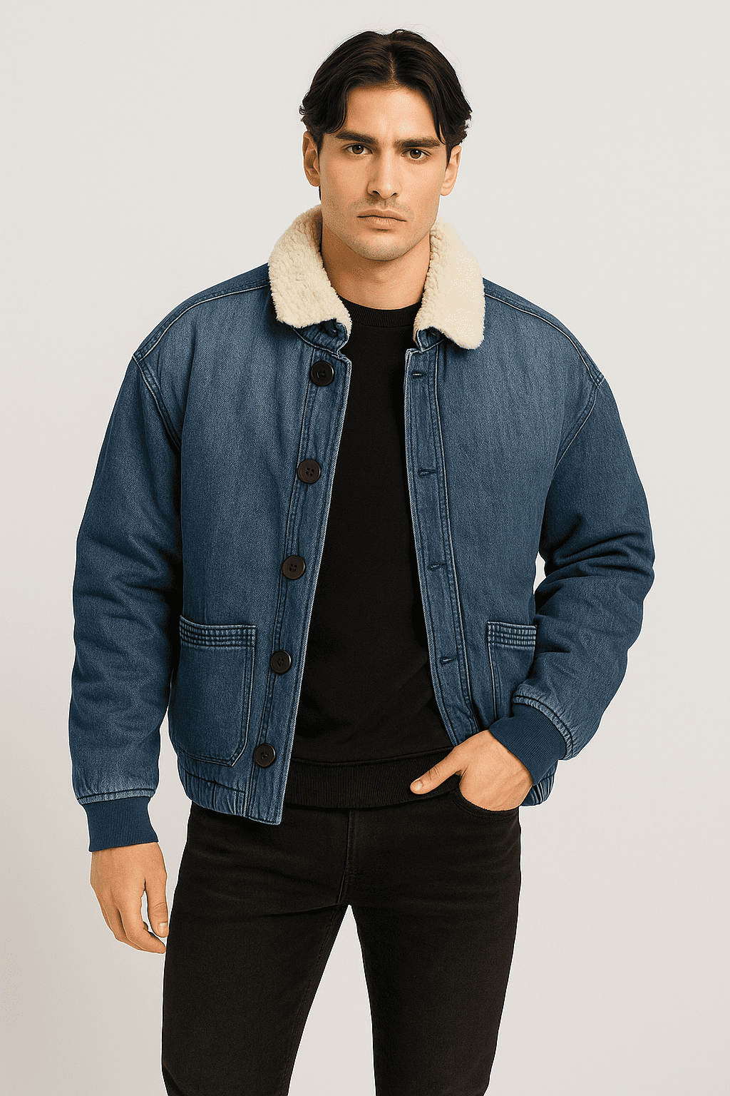 GUESS – Męska kurtka jeansowa z kołnierzem z futerkiem S — wizualizacja AI