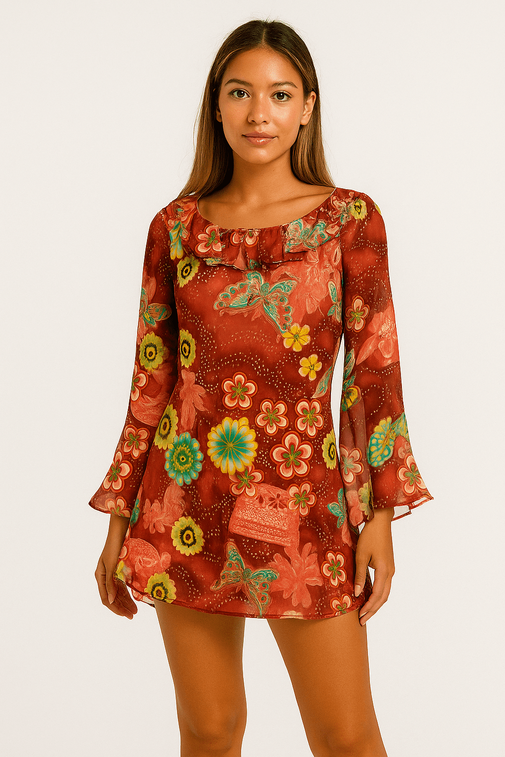 GUESS - Zwiewna sukienka w kolorowy wzór boho S — wizualizacja AI