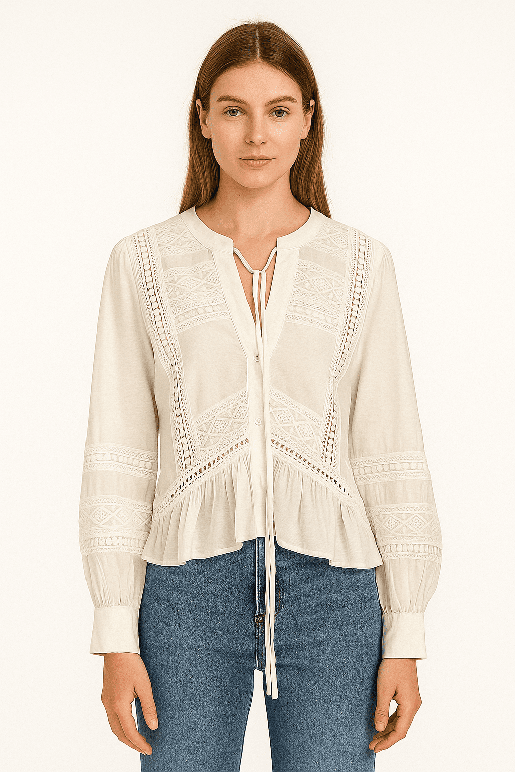 GUESS – Damska koronkowa bluzka transparentna XS — wizualizacja AI