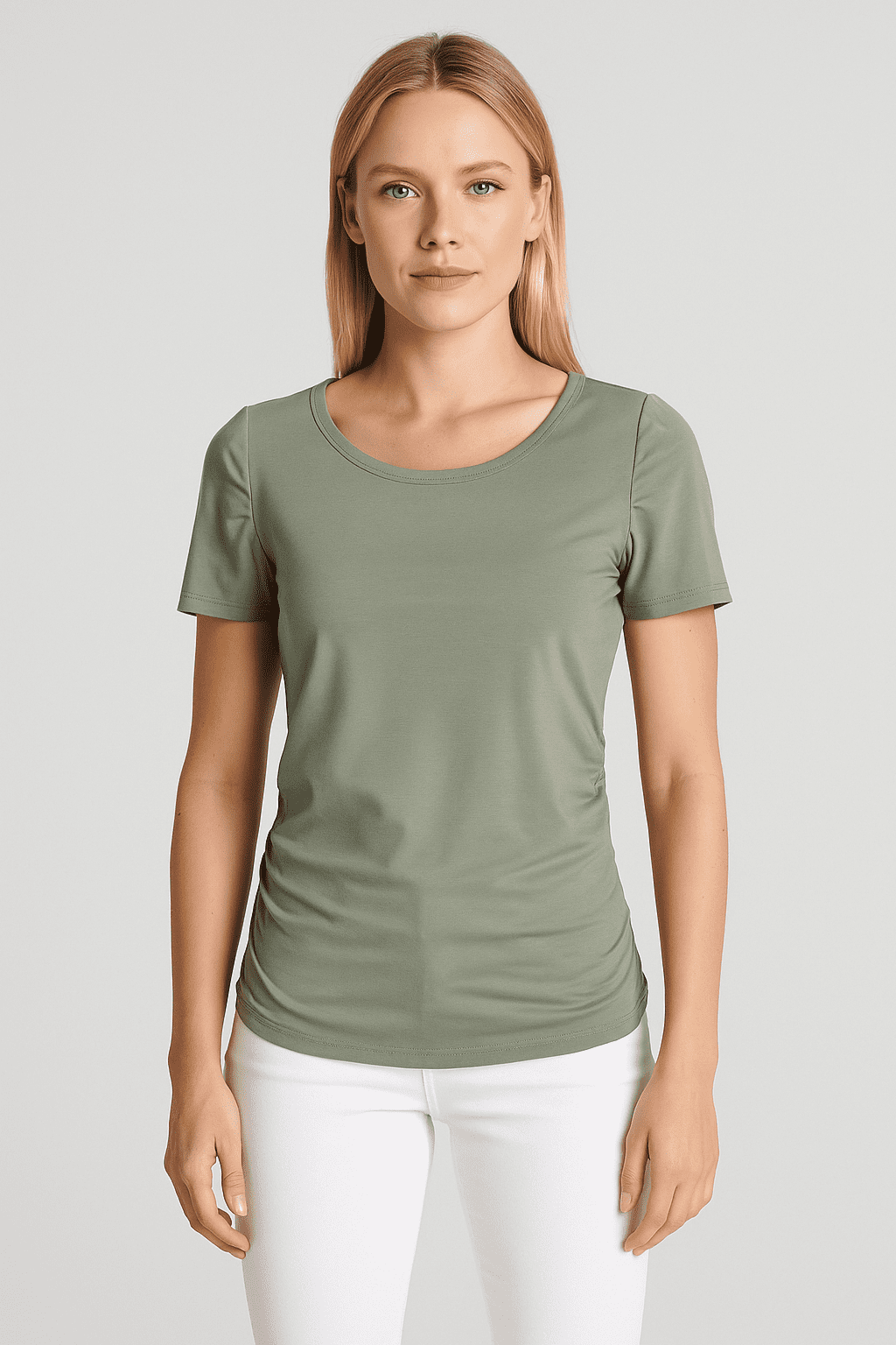 Reserved – Jasnozielony t-shirt z marszczeniami S — wizualizacja AI