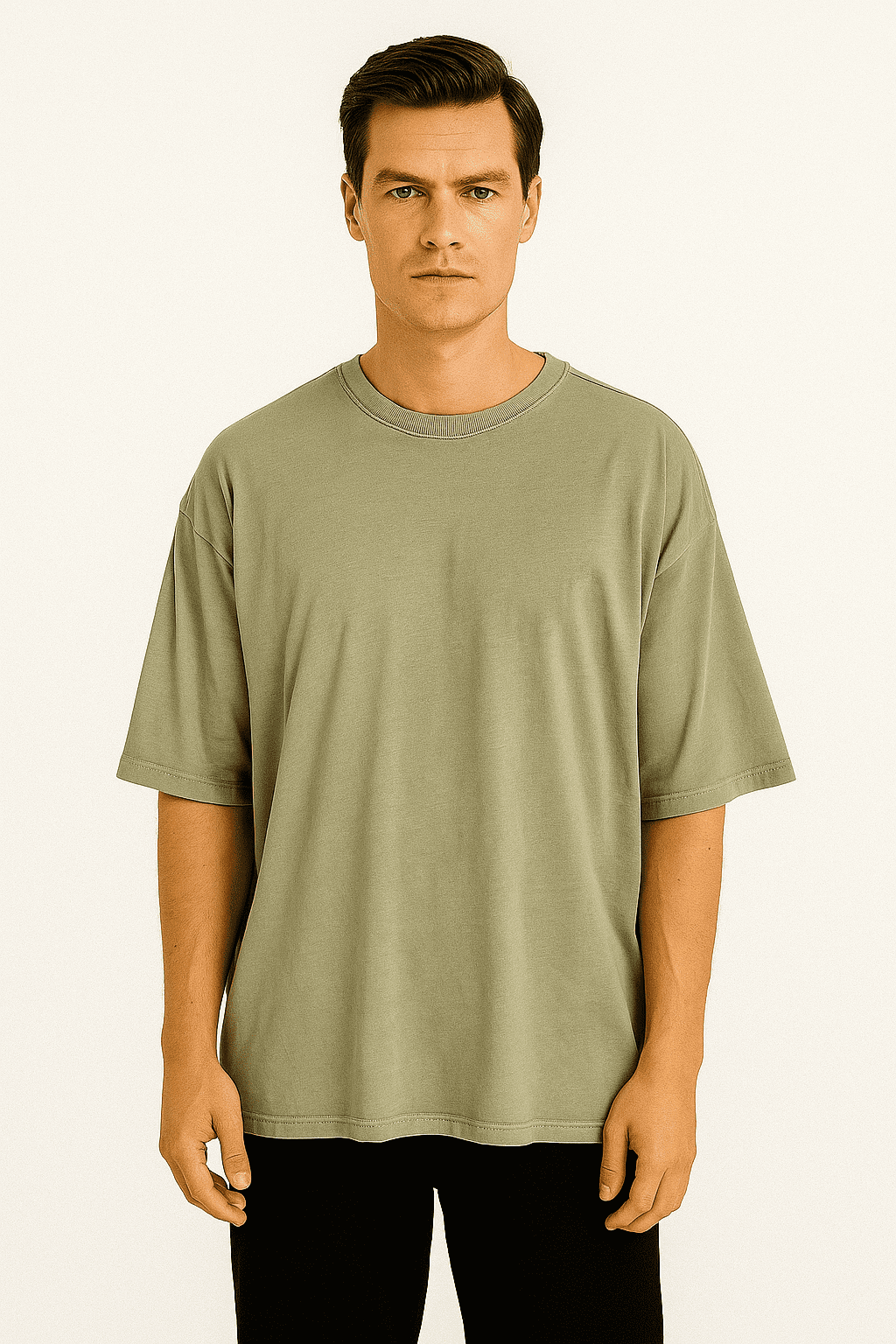 RESERVED – Oversize’owy T-shirt w Kolorze Khaki L — wizualizacja AI