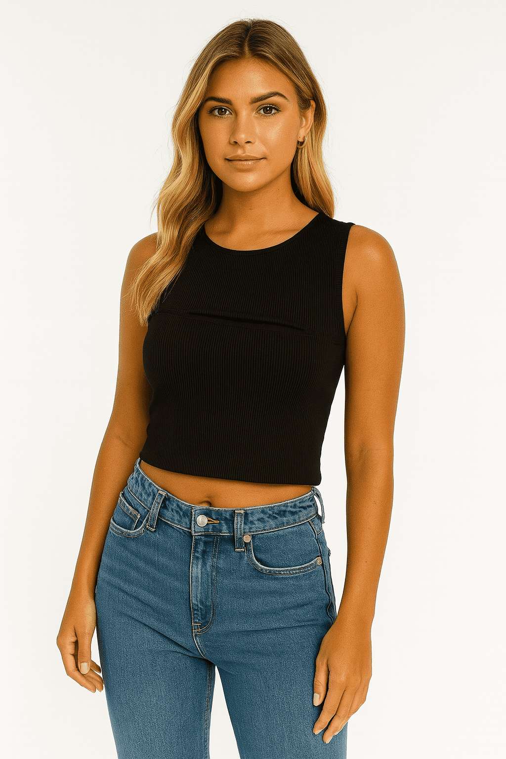 RESERVED – Czarny prążkowany crop top M/L — wizualizacja AI