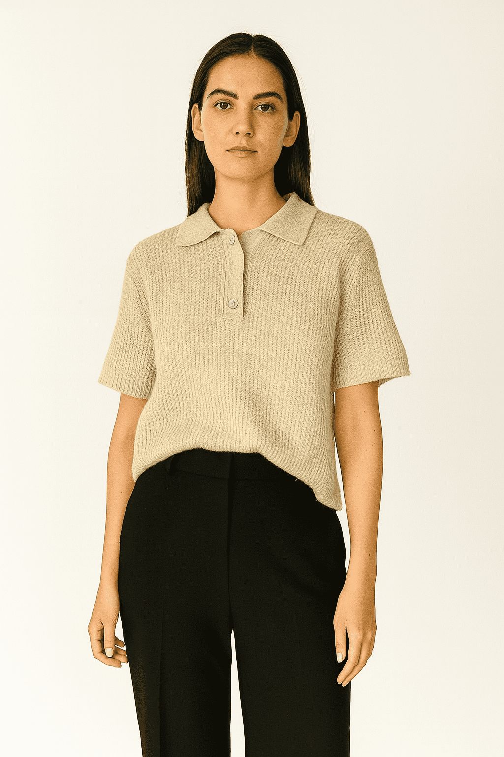 RESERVED – krótki sweter polo w prążki S — wizualizacja AI