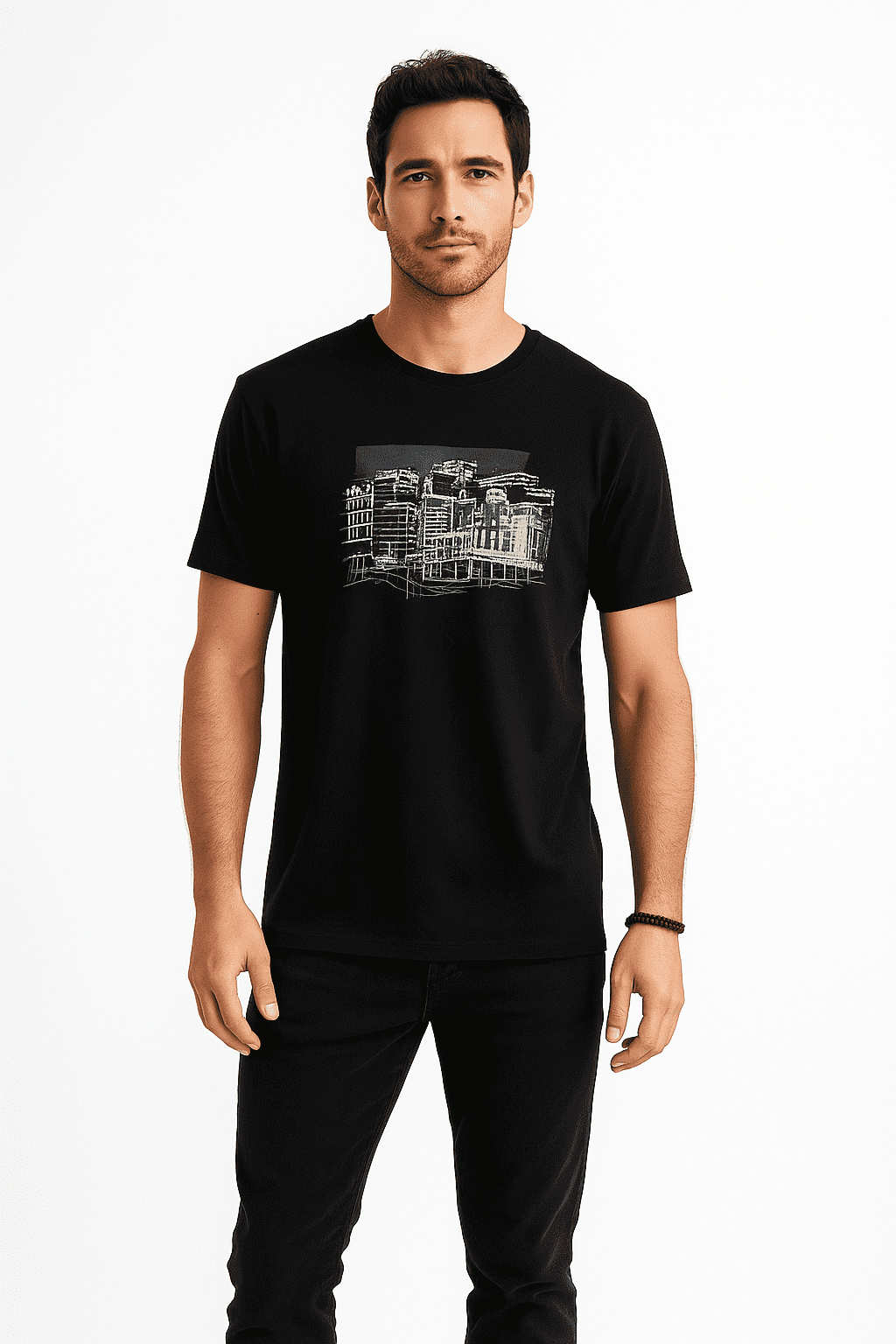 T-shirt męski z nadrukiem miasta XL — wizualizacja AI